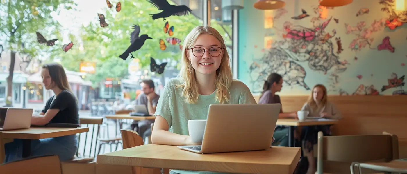 Frau am Laptop in einem Café