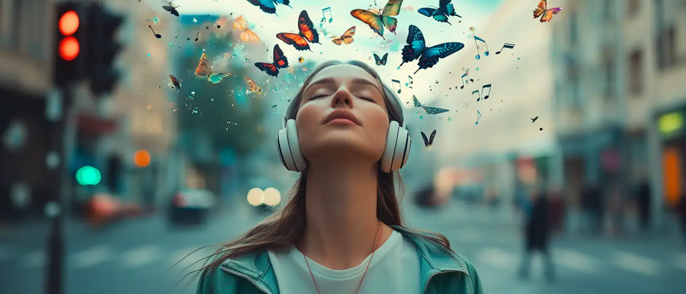 Eine junge Frau hört im Park Musik über ihre Kopfhörer