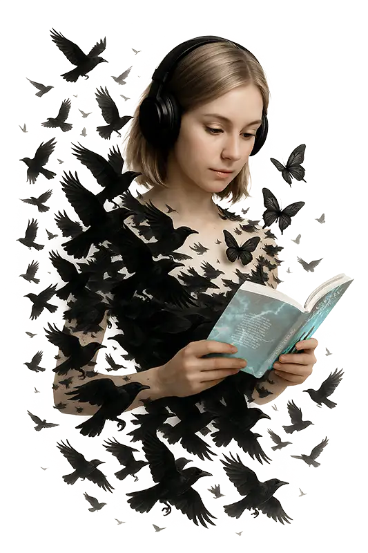Eine junge Frau liest in einem Buch und ist von Raben und Schmetterlingen umgeben