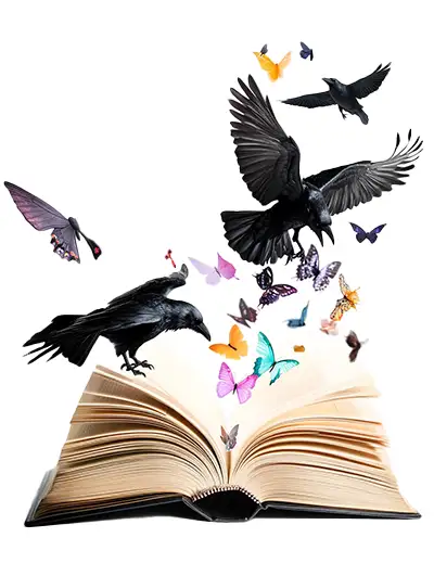 Ein magisches Buch aus dem Schmetterlinge und schwarze Raben fliegen